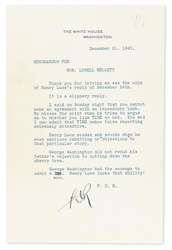 ROOSEVELT, FRANKLIN D. Group of three Typed Letters Signed, FDR or Franklin DRoosevelt, as President, to journalist Lowell Mellett,